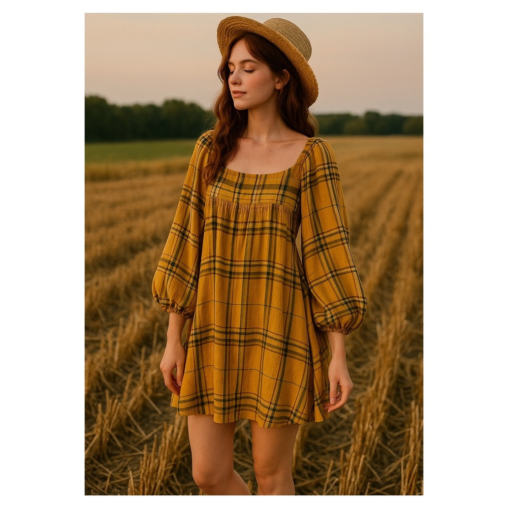 Urban Outfitters Plaid Peasant‎ Dress Yellow Bubble Sleeves Tie Back Small